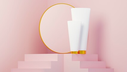 Two white packages of cream. They stand on the platform. On the stairs. Pink background. Minimal product display. Template for the presentation of cosmetics. Copy space. 3D rendering