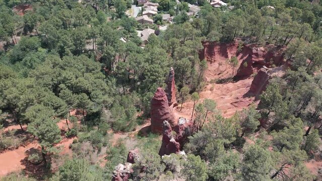 Drone view of one of the biggest ochre deposits in the world, Roussillon, France