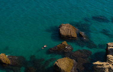 Aerial top view of the beautiful beach of Nerja in Spain