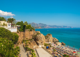 Obraz premium Aerial view of the beautiful beach of Nerja in Spain.