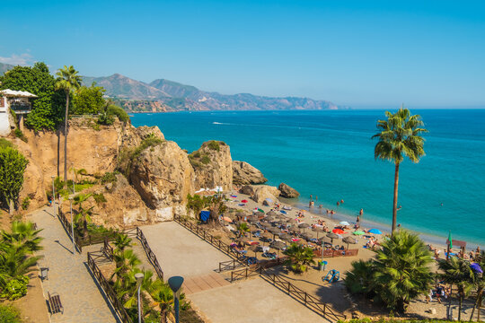 Aerial view of the beautiful beach of Nerja in Spain.