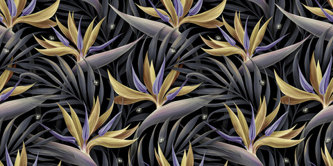 Golden strelitzia flowers. Mystic seamless pattern, premium dark background, luxury mural, royal texture, 3d wallpaper. Magic watercolour illustration. Digital art, poster, wall, paper, fabric, cloth  - 518313889