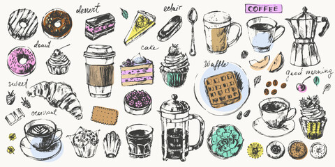 Hand drawn sketch of pastry breakfast dessert bakery sweet food, coffee