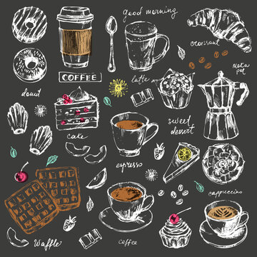 Hand drawn chalk sketch of pastry dessert cake, muffin, donuts, bakery sweet food and coffee