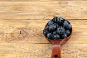 Wooden spoon full of blueberry or bilberry or blue whortleberry or huckleberry on wooden background.