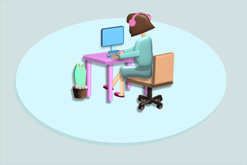 Fototapeta na wymiar 3d rendering concept illustration young businesswoman entrepreneur in pastel green dress working on a laptop In her private office on a casual day.