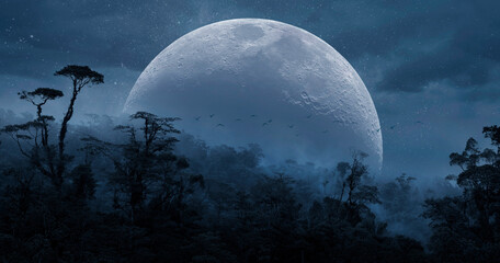Jungle panorama with full moon - obrazy, fototapety, plakaty