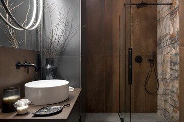 Trendy bathroom with rusty style tiles - 518315206