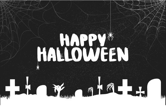 Banner Template with happy halloween lettering and spider, web, cemetery