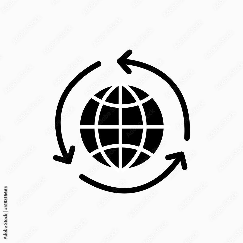 Aufkleber black single round globe with sync arrow direction icon, simple grid continent shape line flat desig