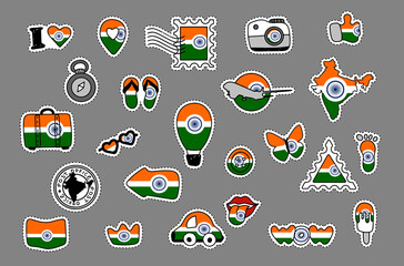 Patriotic travel stickers set in colors of national flag on white background. India