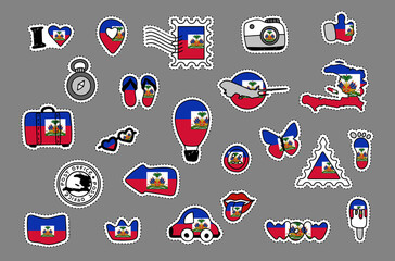 Patriotic travel stickers set in colors of national flag on white background. Haiti