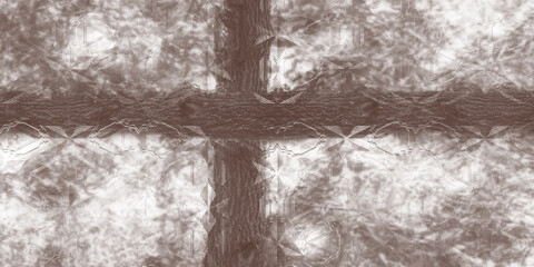  brown wooden cross behind beveled, patterned glass