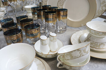 set of beautiful dishes for a festive table setting