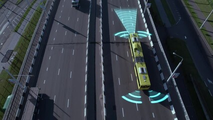 AI remotely controls the bus, scans the road with sensors, and moves along the route on city streets. Concept of a smart city, passenger transportation and selfdriving public transport of the future. 