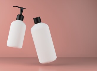 Two white plastic bottles for shower gel and liquid soap floating on studio background, 3D render of cosmetic product packaging