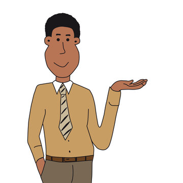 happy black businessman showing something with hand