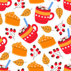 Hygge autumn seamless pattern with falling leaf, berries of rowan, pumpkin pie, marshmallow coffee. Rose hips. Cozy fall illustration. For wallpaper, web, greeting cards, fabric, textile, texture.
