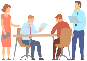 Training of office staff, teamwork, business meeting concept. Team thinking and brainstorming. Analytics of company information. People working, discussing business. Colleagues during office work