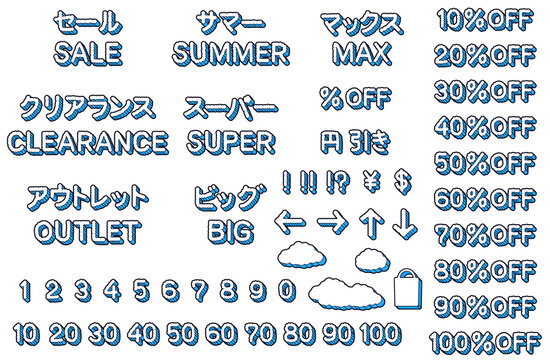 少しもこもこした手描き文字のセールの日本語と英語の文字素材セット