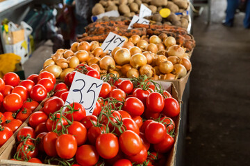 Seasonal vegetables at the agricultural market: Tomatoes