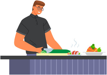 Cook preparing dish in kitchen. Man stands with knife and cutting board. Chef working with ingredients of meal, cutting vegetables. Male character cooking, making food. Person prepares signature dish