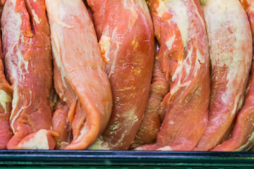 Pork meat on display in the market