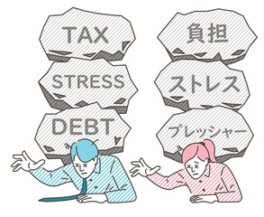 Set of man and woman crushed by stress, debt, taxes, and other burdens [Vector illustration]