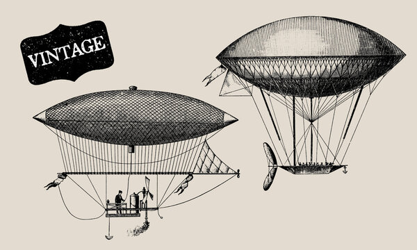 Vintage Transportation. Passenger Aircraft. Balloon, Dirigible or Zeppelin, Airplane. Retro Line Drawing. Engraving Old Transportation. Travel Journey Concept. Invention of Flying Aircraft Machines