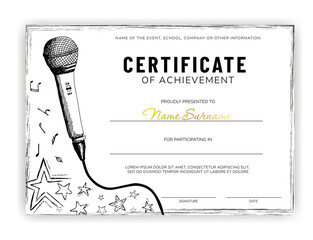 Certificate of achievement in music competition. Award for vocal attainment. Acknowledgement of success. Improvement of vocal skills. Vector.