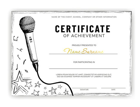 Certificate of achievement in music competition. Award for vocal attainment. Acknowledgement of success. Improvement of vocal skills. Vector.