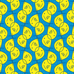 background,yellow fish,hand drawn, mexican, american ethnic background, blue vintage background, ornament, textile, wrapping paper, packaging etc.
