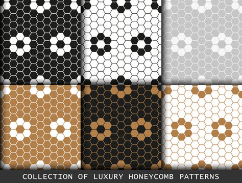 Honeycombs set of geometric patterns. Abstract hexagons geometric graphic design