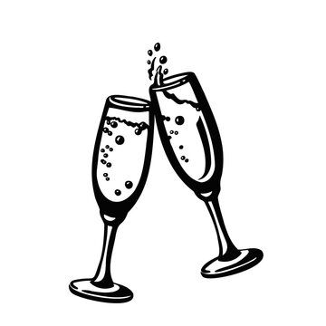 glasses with sparkling wine, champagne silhouette illustration
