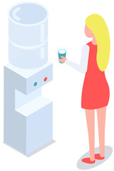 Woman stands near cooler for water cooling and heating. Equipment for serving hot and cold drinks. Office worker drinking water from modern device. Female employee and cooler vector illustration