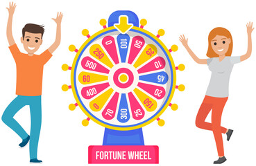 Fortune wheel, game money, winner play luck. Win, jackpot, victory in game. Male character spinning wheel of fortune to win prize, money, success. Young man dancing and celebrating victory, jackpot