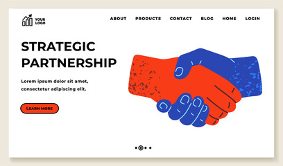 Strategic partnership, handshake gesture concept. Teamwork, brainstorming, joint search for creative strategy. Business web page template. Partners shaking hands after signing contract agreement