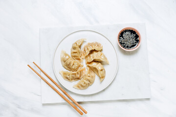 Gyoza dumplings  on a white plate with soy sauce