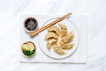 Gyoza dumplings  on a white plate with soy sauce