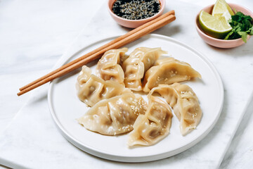 Gyoza dumplings  on a white plate with soy sauce