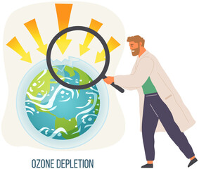 Global warming, climate change concept. Scientist with magnifying glass studies ozone layer depletion. Man makes analysis of ecology and environment of planet. Scientific study of Earth ozone layer