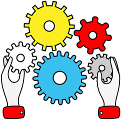 Project management and development concept. Working process, searching for ideas and solutions. Business maintenance, work motion and technical support. Person working with gears, settings option