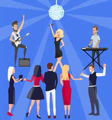 Concert, music festival with people dancing in nightclub. Musicians making disco show. Musical band perform with modern music. Audience watching live performance with group soloist singing songs