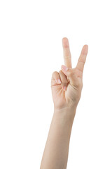 Woman showing the number two with hand signs, on white background