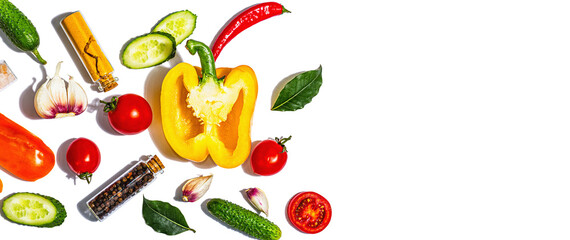 Assorted fresh vegetables and spices isolated on white background