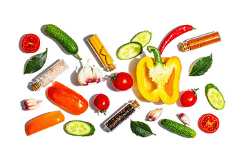 Assorted fresh vegetables and spices isolated on white background