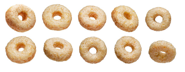 Set of cornflakes rings for breakfast. Isolated on a white background.