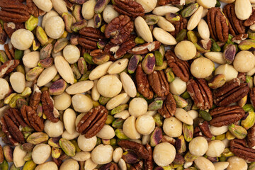 background of mixed nuts close-up, top view