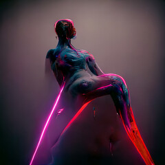 Digital 3D abstract figurative illustration in futuristic Neo-noir style