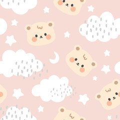 Cute beige teddy bear happy face with clouds and stars in the sky on a pastel pink background. Kawaii animals kids seamless pattern, fabric and textile print design
